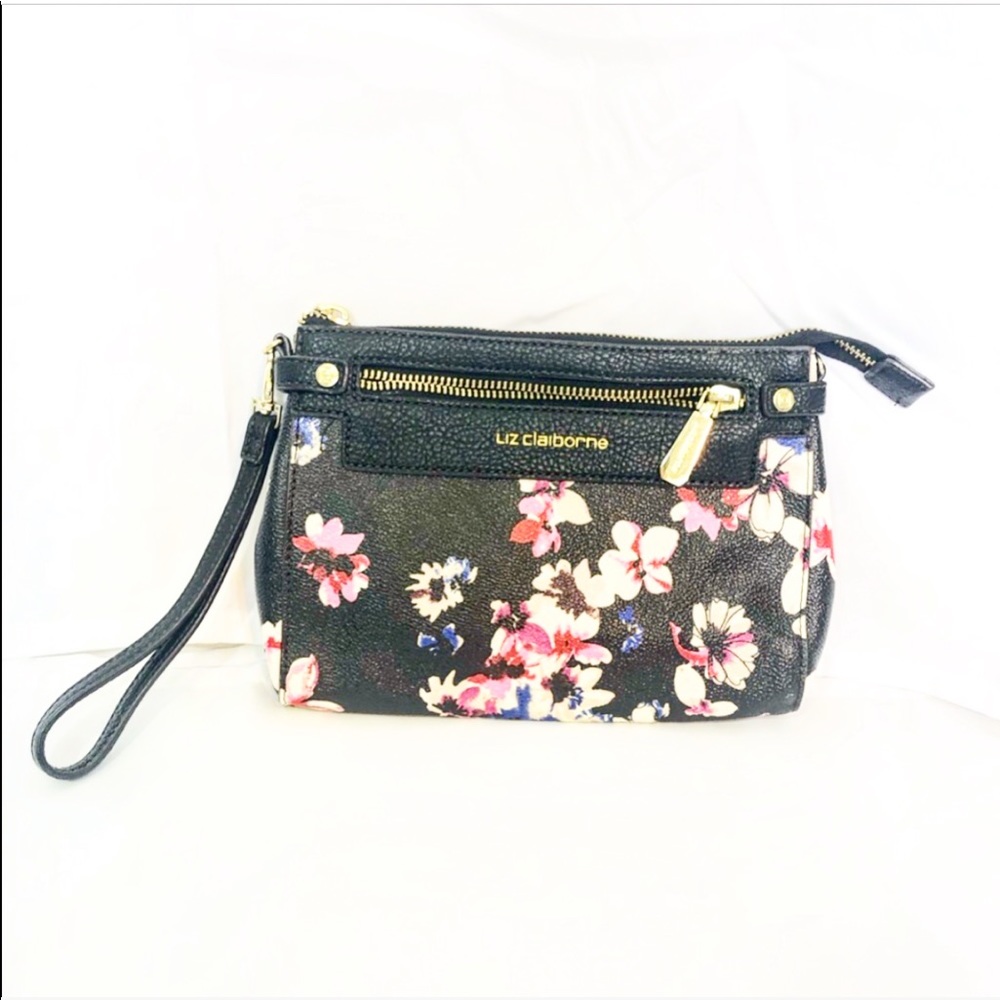 NWOT LIZ CLAIBORNE BLACK FLORAL WRISTLET PURSE - Picture 1 of 3
